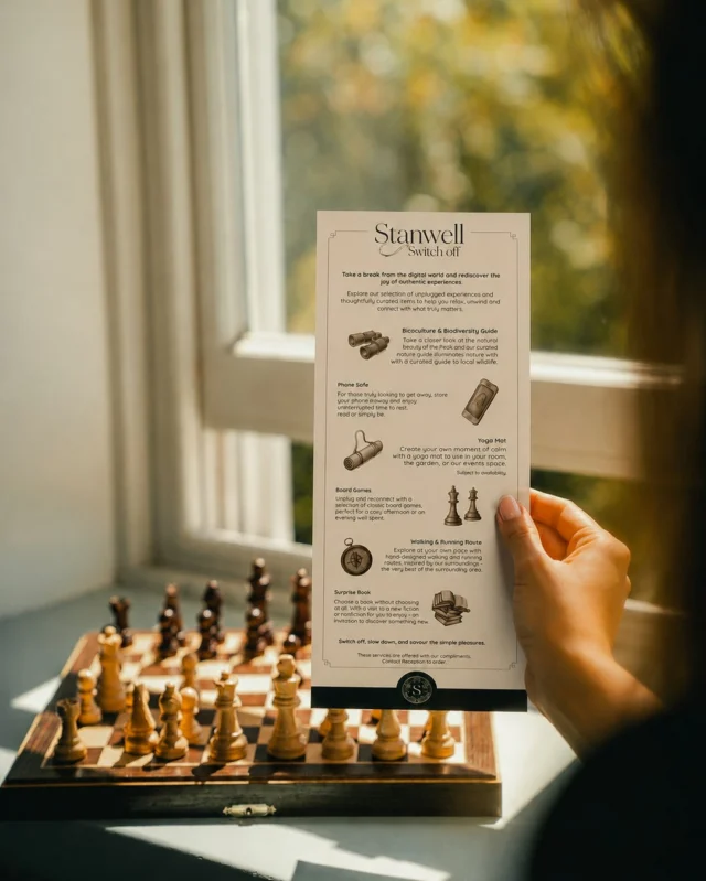 Introducing the Stanwell Switch Off…

Launching on 1st August, the Stanwell Switch Off is our new seasonal collection of analogue experiences, thoughtfully curated to help you pause, be present and enjoy your stay at a gentler pace. 

Because sometimes, the greatest luxury is the simplest: switching off from notifications, slowing down and reconnecting with yourself and the people around you.